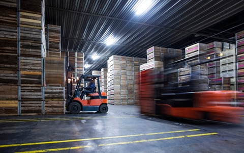 Inside a warehouse showing a forklift next to shelving